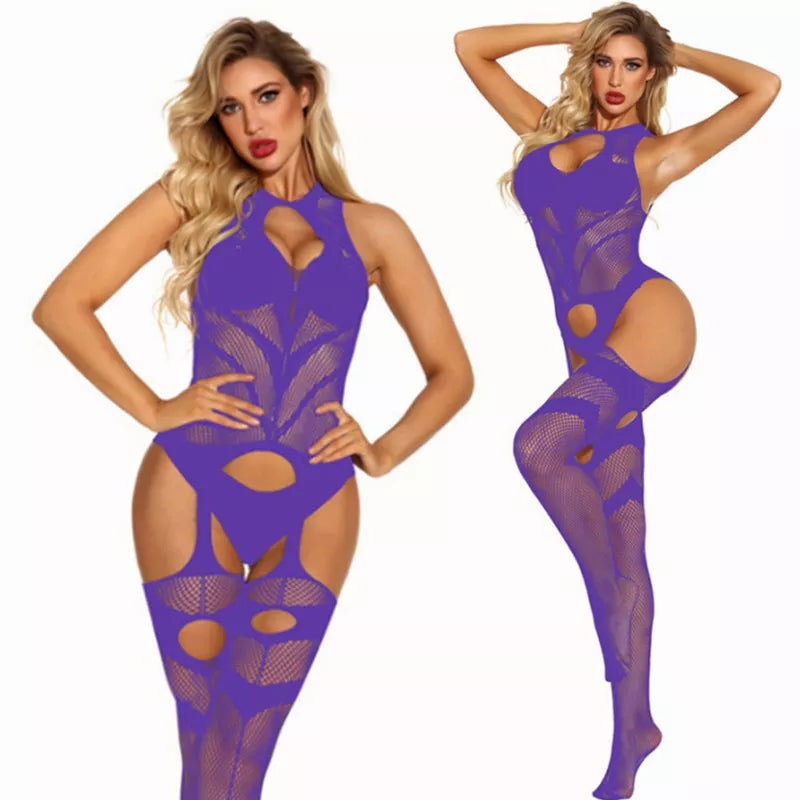 Sexy Mesh Fishnet Purple Bodystockings sex for Women Erotic Lingerie Sexy Open Crotch Teddies Bodysuits Female Sexy Dress New