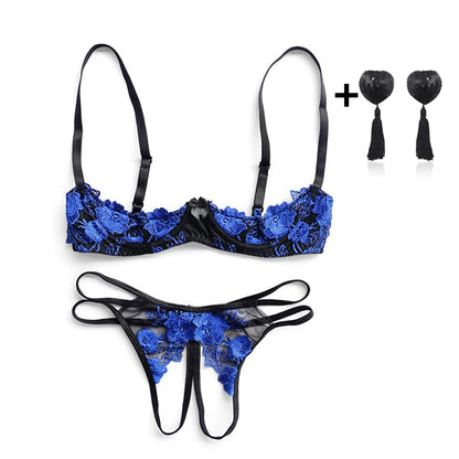 Seductive Open Breasts Lingerie Set: Push Up Bra, Open Crotch Panty