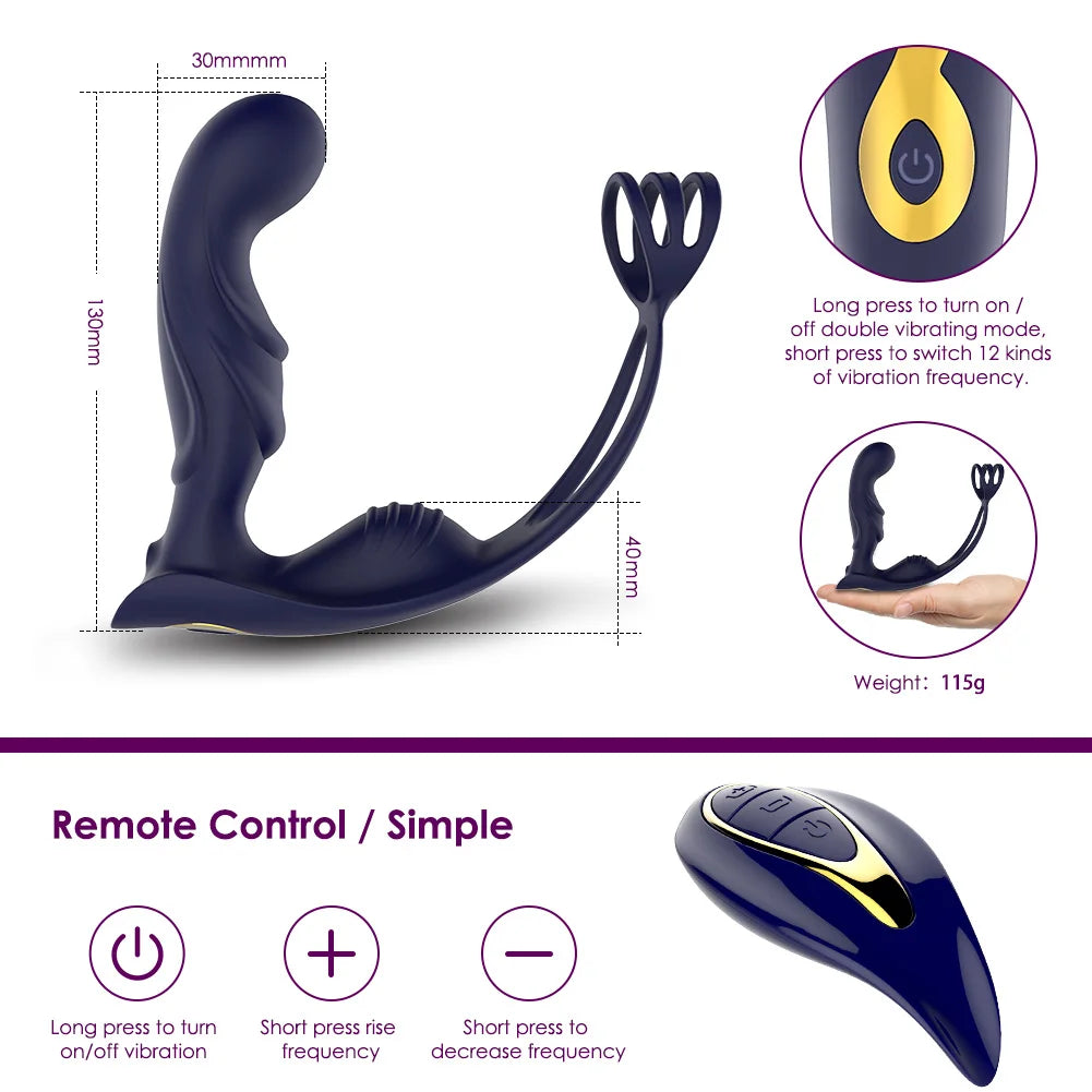 Silicone Prostate Massage Vibrator: Waterproof Anal Plug, Stimulator, Butt Delay Ejaculation Ring - Toy for Men