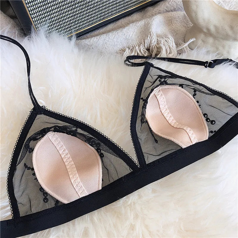 Sexy Underwear Set Ultra Thin Mesh Transparent Embroidery Bra and Panty Set French Lace Triangle Bra Thin Lined Women Lingerie