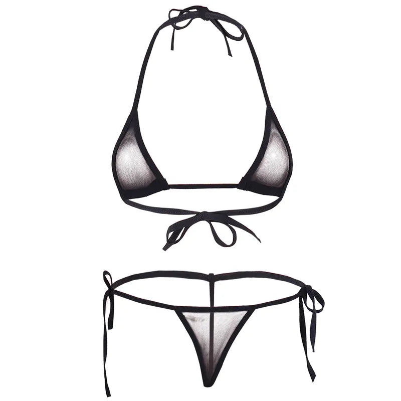 Sheer Extreme Bikini Set: Halterneck Top, Tie Sides Micro Thong - Sexy Summer Beach Lingerie