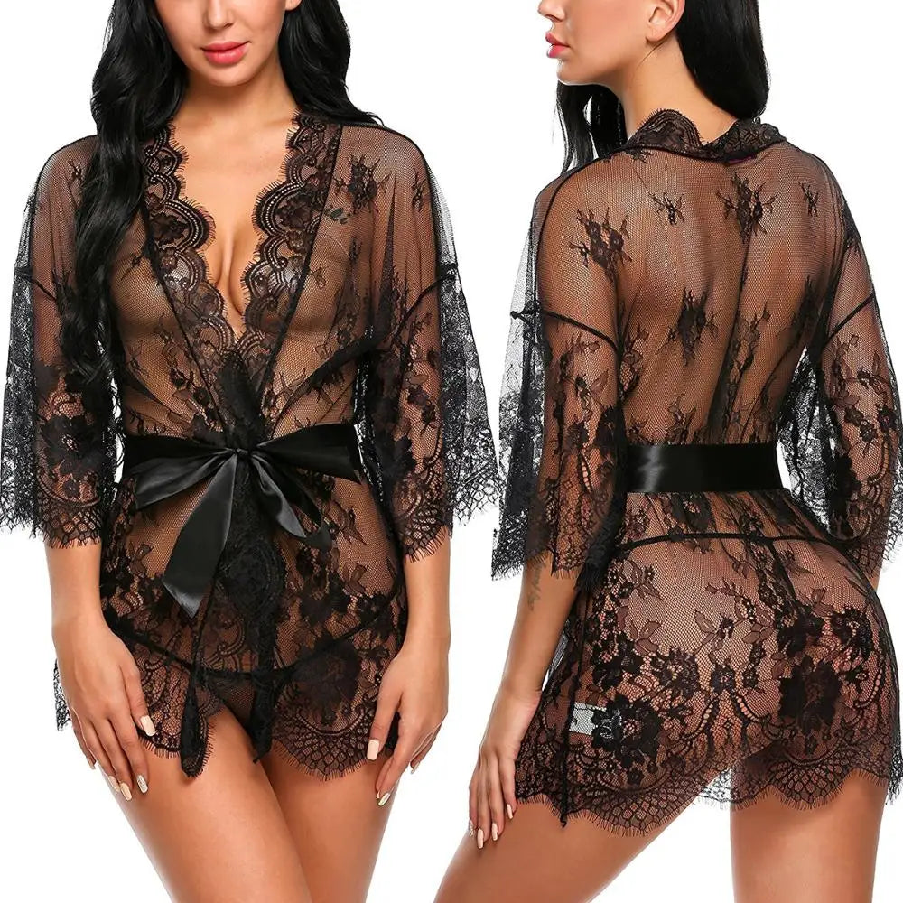 Silky Lace Night Dress: Sexy Sheer Sleepwear with Deep V and G-String