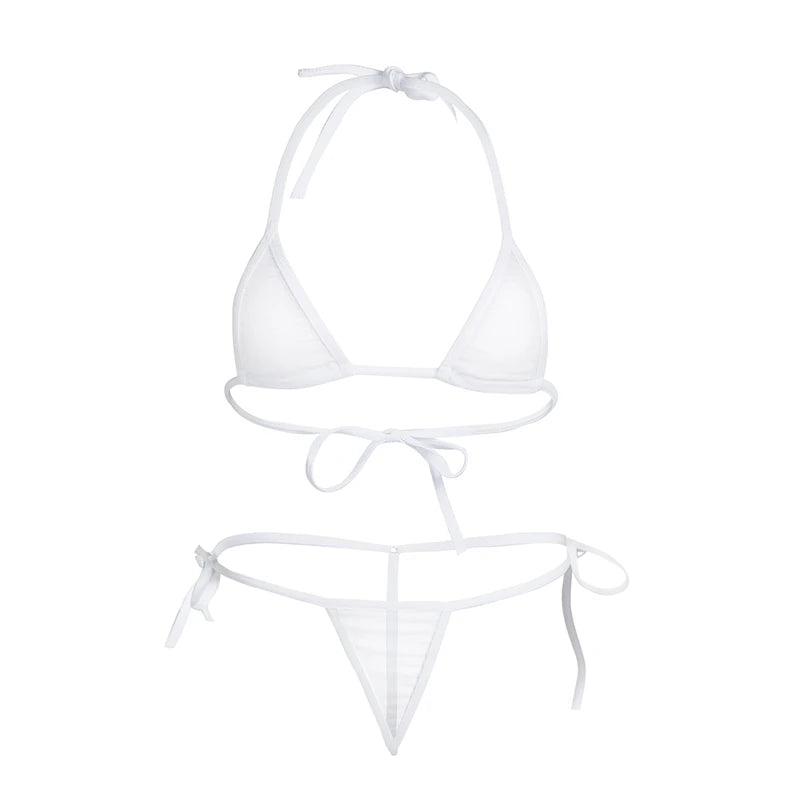 Sheer Extreme Bikini Set: Halterneck Top, Tie Sides Micro Thong - Sexy Summer Beach Lingerie