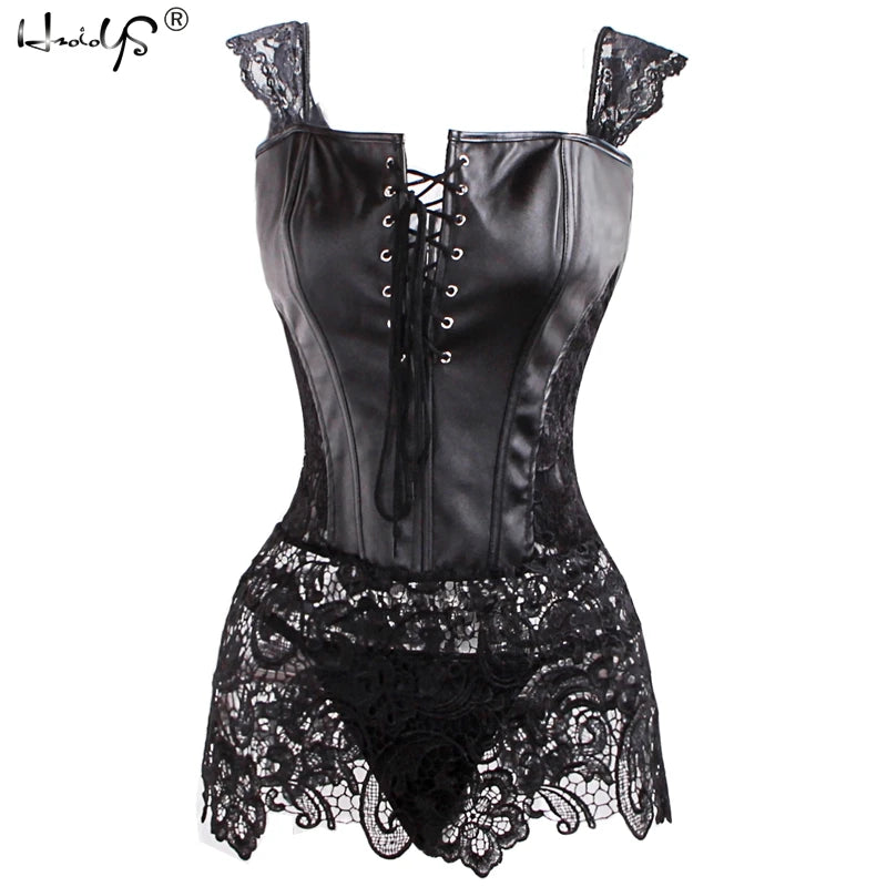 Sexy Lingerie with G-string Sets Women Faux Leather&amp;Lace Burlesque Steampunk Corset Set Waist Gothic Bustier Corpet Plus Size