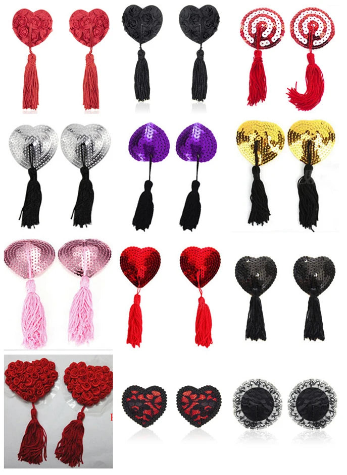 Sexy Pasties Stickers: Sequin Tassel Nipple Covers - Heart Shape