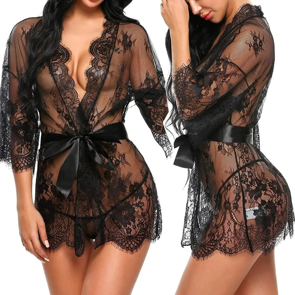 Silky Lace Night Dress: Sexy Sheer Sleepwear with Deep V and G-String