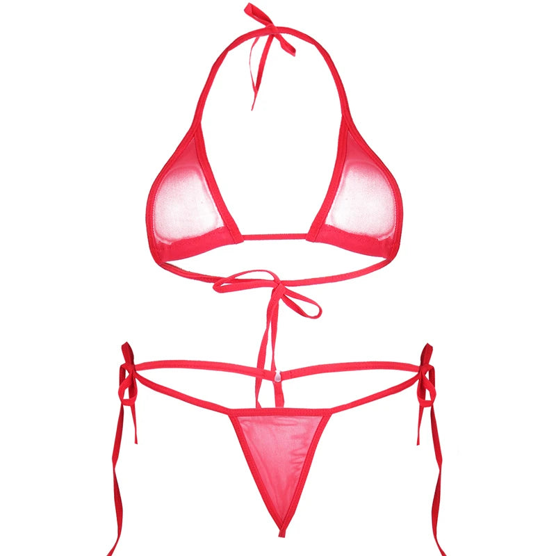 Sheer Extreme Bikini Set: Halterneck Top, Tie Sides Micro Thong - Sexy Summer Beach Lingerie