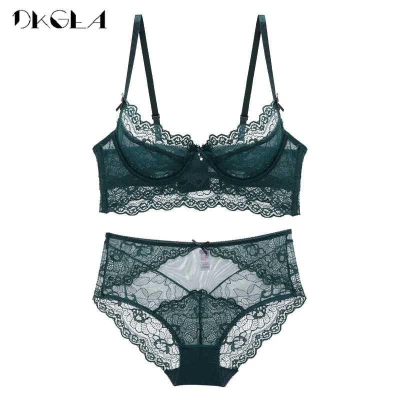 Deep V Plus Size Lace Bra Set: Green Ultrathin Lingerie