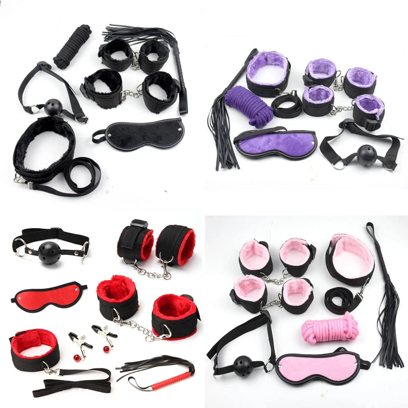 Leopard 7-Piece BDSM Lingerie Set: PU Leather Bondage Kit with Handcuffs, Footcuffs, Whip, Rope, and Blindfold