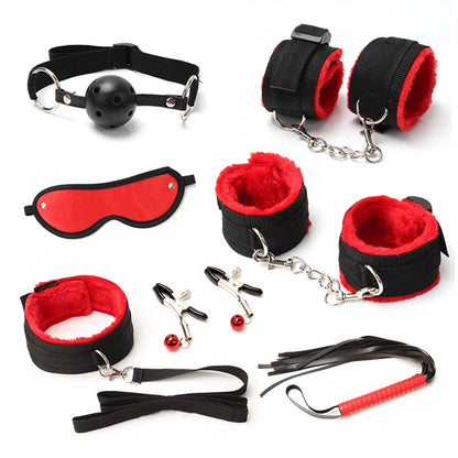 Leopard 7-Piece BDSM Lingerie Set: PU Leather Bondage Kit with Handcuffs, Footcuffs, Whip, Rope, and Blindfold