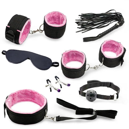 Leopard 7-Piece BDSM Lingerie Set: PU Leather Bondage Kit with Handcuffs, Footcuffs, Whip, Rope, and Blindfold