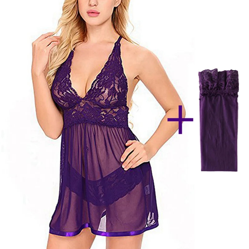 Sexy Women Lingerie Lace Night Dress Sleepwear Nightgown Deep See Through Sexy Sheer Sleep Dress Sleep Wear Lingerie