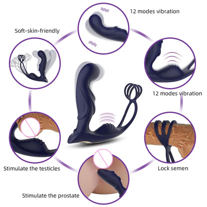 Silicone Prostate Massage Vibrator: Waterproof Anal Plug, Stimulator, Butt Delay Ejaculation Ring - Toy for Men