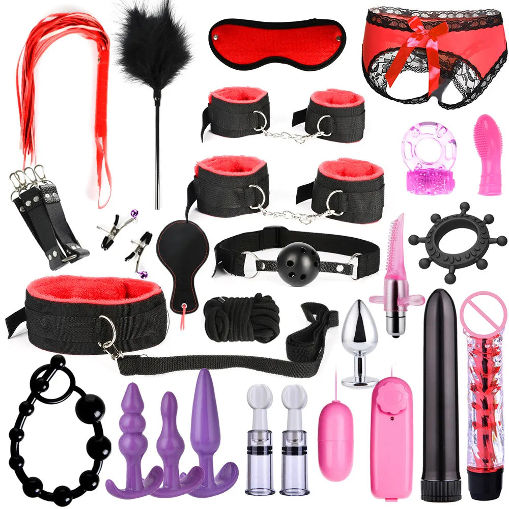 BDSM Kit: Vibrator, Handcuffs, Neck Collar, Whip, Anal Buttplug for Intimate Games