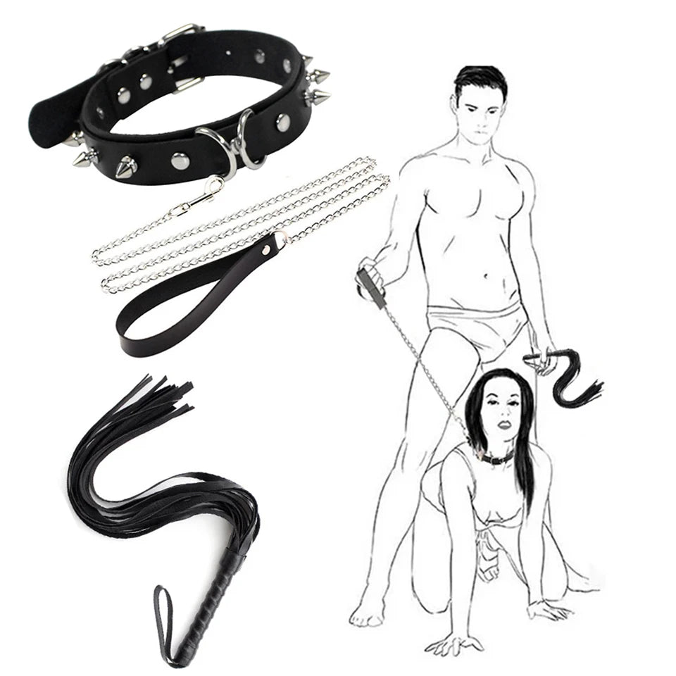 BDSM Bondage Kit: Whip, Collar, Leash, and Steel Chain