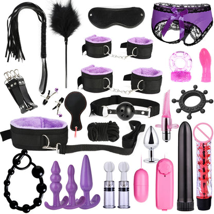 BDSM Kit: Vibrator, Handcuffs, Neck Collar, Whip, Anal Buttplug for Intimate Games