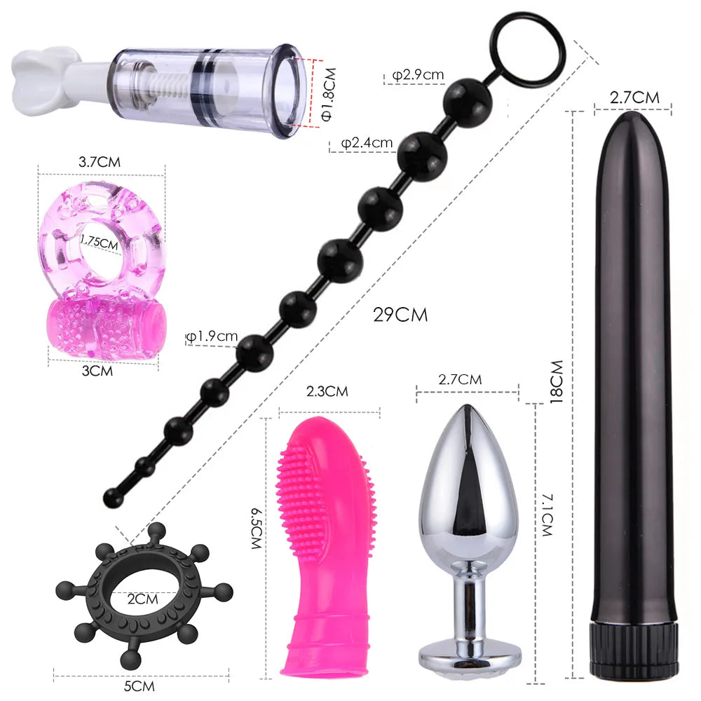 BDSM Kit: Vibrator, Handcuffs, Neck Collar, Whip, Anal Buttplug for Intimate Games