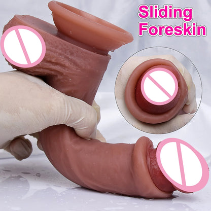 Strong Male Sliding Foreskin Dildo: Skin Feel, Suction Cup, Thick Cock Anal Adult Toy for Men, Women, Gay - Double Silicone Penis