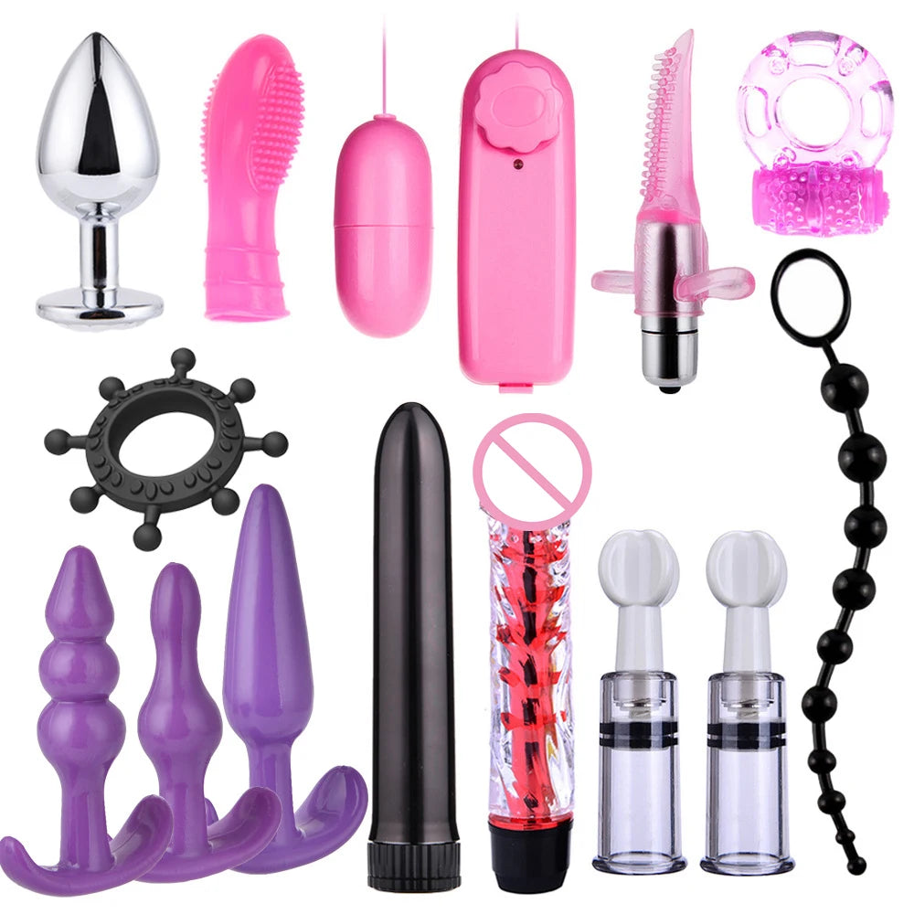 BDSM Kit: Vibrator, Handcuffs, Neck Collar, Whip, Anal Buttplug for Intimate Games